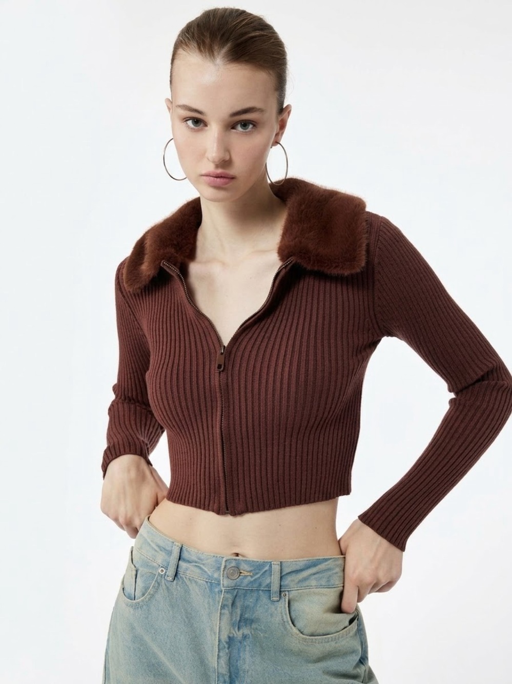 American Eagle Womens Brown Ribbed Zip Up Sweater Fuzzy Collar Cardigan XS